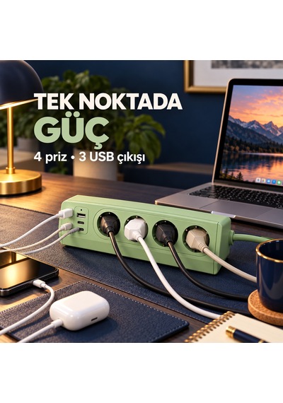4 Prizli 35w Hızlı Şarjlı Akım Korumalı Çoklu Priz 2 Usb-c, 1 Usb-a-1763