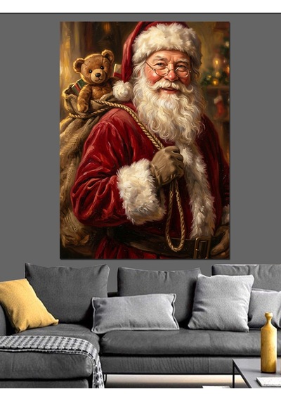 Hediye Çuvalıyla Noel Baba Santa Dekoratif Kanvas - Mdf Ahşap Tablo