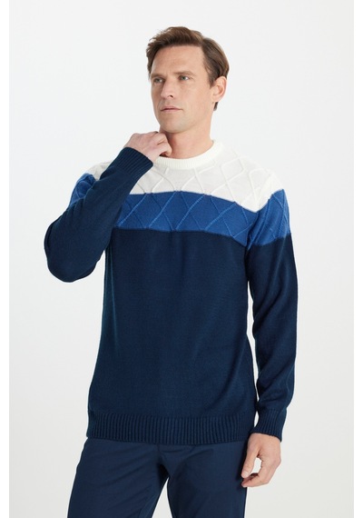 AC&Co / Altınyıldız Classics Erkek Ekru-lacı Standart Fit Normal Kesim Bisiklet Yaka Colorblock Desenli Yünlü Triko Kazak Ekru - Lacivert AC&Co / Altınyıldız Classics Erkek Ekru-lacı Standart Fit Normal Kesim Bisiklet Yaka Colorblock Desenli Yünlü Triko Kazak Ekru - Lacivert