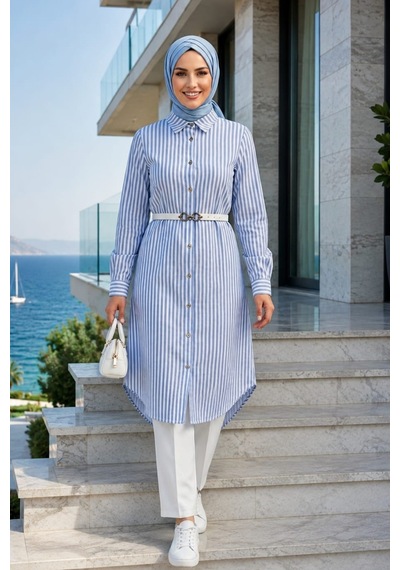 Hb Harma Time Butik Kadın Çizgi Desenli Kemerli Keten Mavi Gömlek