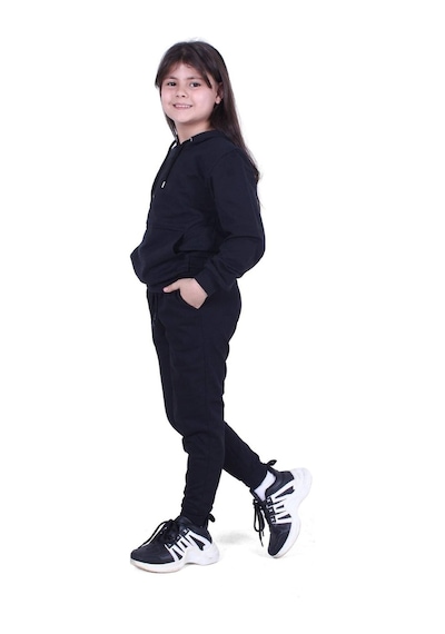 Fyk Kids Kapşonlu, Kanguru Cepli Düz Desen Kız Çocuk Alt-üst Takım Siyah