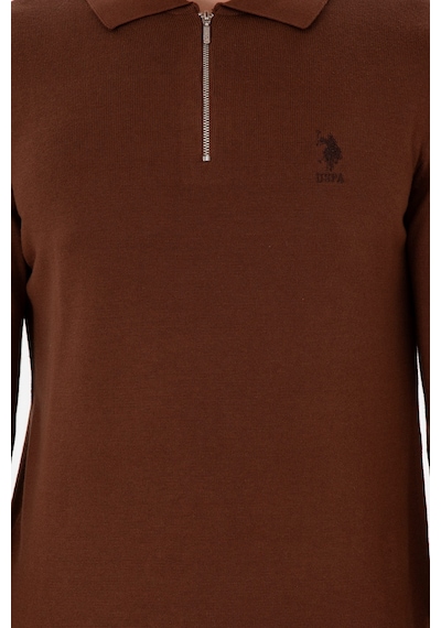 U.S. Polo Assn. Erkek Slim Fit Yarım Fermuarlı Kahverengi Basic Kazak 50297066-VR158