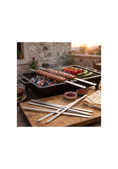 3 Adet Geniş Yassı Metal Adana Kebap Şişi 50 Cm Uzunluk, Kıyma Kebap Ve Ocakbaşı İçin Metal Şiş, Grill Skewer