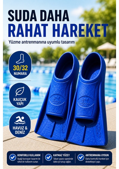 Mavi 30-32 Numara Yüzme Paleti Kauçuk Kısa Palet Havuz Deniz Antrenman Erkek Unisex Ayak