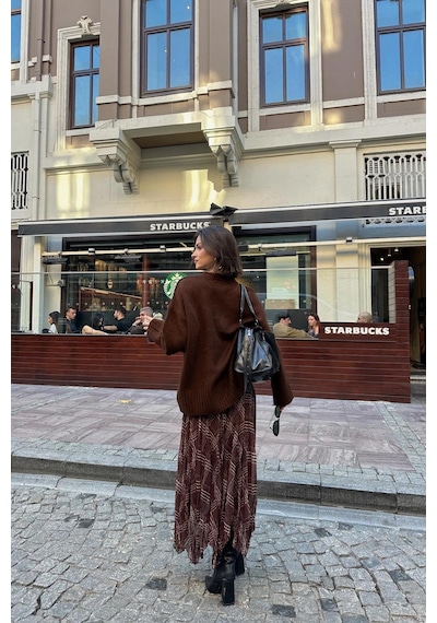 Asur Boutique Asur Butik Kadın Asimetrik Kesim Şifon Astarlı Etek Kahverengi