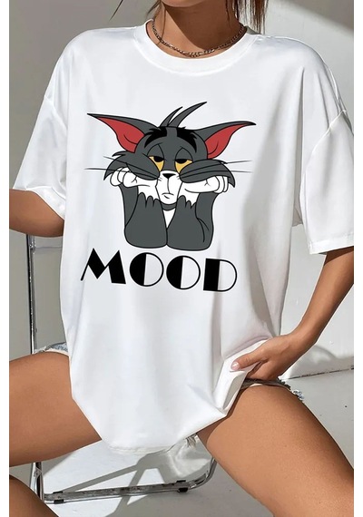 Uyguntarz Unisex Mood Baskılı Oversize Tshirt Beyaz