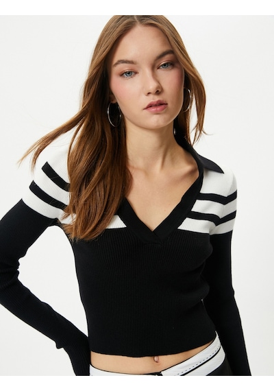 Koton Polo Yaka Çizgili Crop Triko Kazak Uzun Kollu Dar Kalıp Siyah Çizgili 4sal90011ıt 4SAL90011IT9S9 Siyah