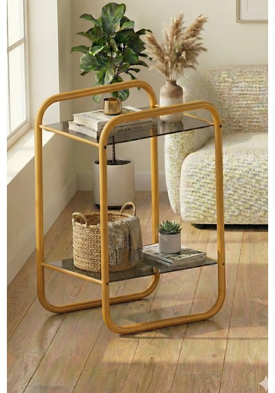 Odessa Yan Sehpa - Gold Metal Modern Yan Sehpa Füme Camlı Şık Salon Sehpası Gold