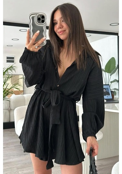 Fashion Cocktail Uzun Kol Casual Kabartma Kumaş Yakalı Düğmeli Boyfriend Gömlek Stil Şortlu Tulum Siyah Fashion Cocktail Uzun Kol Casual Kabartma Kumaş Yakalı Düğmeli Boyfriend Gömlek Stil Şortlu Tulum Siyah