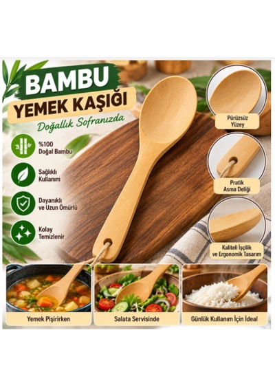 Bambu Yemek Servis Kaşığı Doğal Bambu Ahşap Mutfak Kaşığı, Ergonomik Ve Dayanıklı