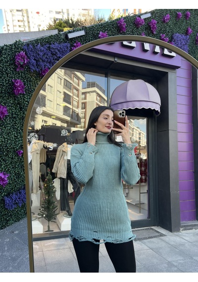 Boğazlı Yırtık Detaylı Triko Kazak- Yeşil Renk-489 Yeşil