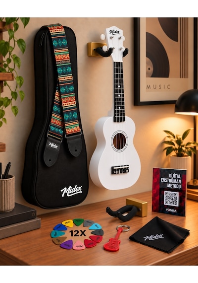 Midex Ukx-901wh Beyaz Soprano Ukulele Askı Çanta Metod Pena