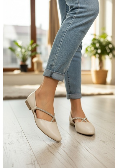 Enoch Kadın Taş İşlemeli Çapraz Bantlı Slingback Ekru Babet Ten