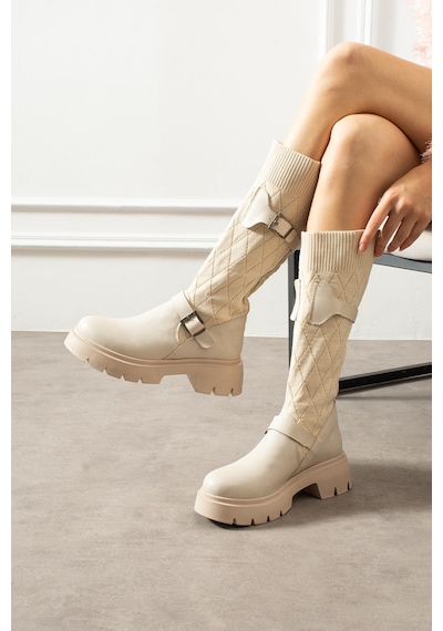 Shoetek Panve Kadın Çizme Bacak Triko Dokumalı Kamer Tokalı Bej Bej