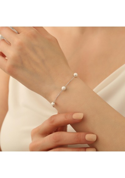 925 Ayar Gümüş Beyaz Gerçek Kültür İncisi Bayan Bileklik-6mm
