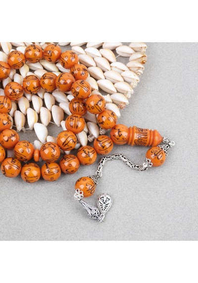 Sıkma Kehribar Allah Cc 99 İsmi Yazılı 925ayar Gümüş Püsküllü Küre Kesim 14mm Tesbih Turuncu