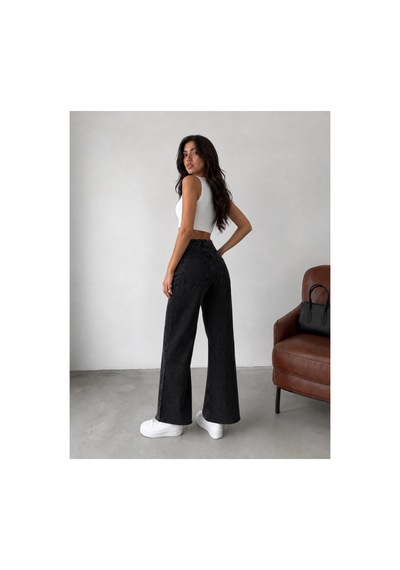 Kene Jeans Siyah Paça Kesik Yüksek Bel Boru Paça Kot/denim Jeans Pantolon Siyah