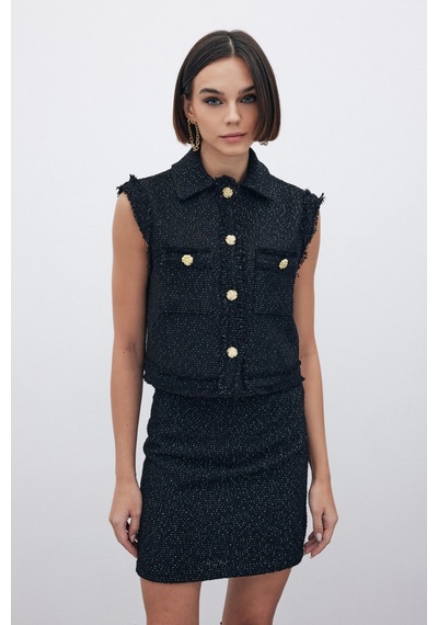Sateen Simli Tüvit Yelek - Siyah-135289 Siyah