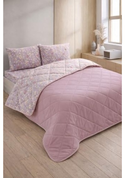Formeya Kapitoneli Çift Kişilik Desenli Pike - Yatak Örtüsü Takımı 200x230 Cm - 2 Adet Yastık Kılıflı Lila Mor Açık Indigo