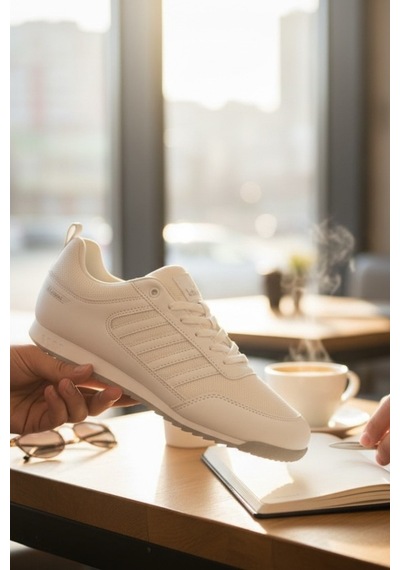 Enoch Erkek Beyaz Düz Taban File Panelli Yatay Şeritli Günlük Spor Ayakkabı Sneaker Beyaz