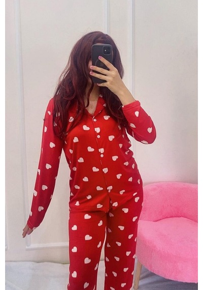 Rukod Kırmızı Beyaz Kalp Desenli Gömlek Yaka Kadın Pijama Takımı - Nefes Alan Süet Kumaş Kırmızı Rukod Kırmızı Beyaz Kalp Desenli Gömlek Yaka Kadın Pijama Takımı - Nefes Alan Süet Kumaş Kırmızı