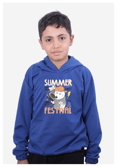 Fyk Kids Erkek Çocuk Baskılı Kapüşonlu Sweatshirt İndigo