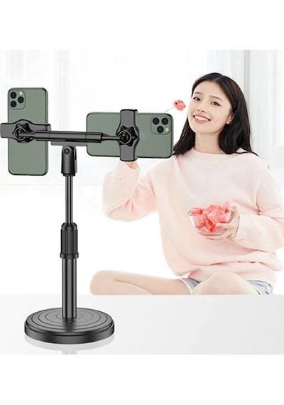 Ally Masaüstü Youtube Tiktok Canlı Yayın Çift Telefon Tutucu Stand- 5775 Siyah