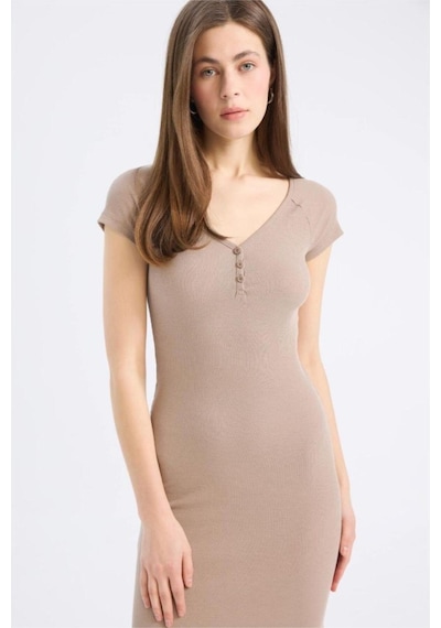 DeFacto Bodycon Vücudu Saran V Yaka Fitilli Kaşkorse Kısa Kollu Midi Elbise E7368AX25SPBG73