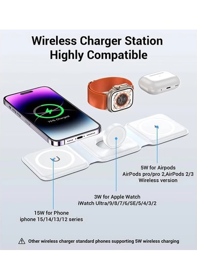 Dunspın 15w 3 İn 1 Katlanabilir Kablosuz Şarj Standı Saat-telefon-kulaklık