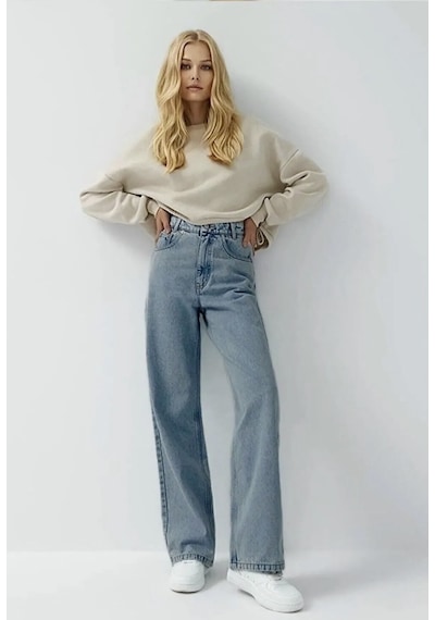 Kaizer Denim Süper Yüksek Bel Palazzo Kadın Pantolon Buz Mavi