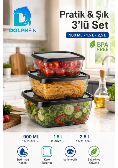 3 Lü Kare Saklama Kabı Seti Sızdırmaz Kapaklı 900 Ml 1,5 L 2,5 L Bpa İçermez Siyah