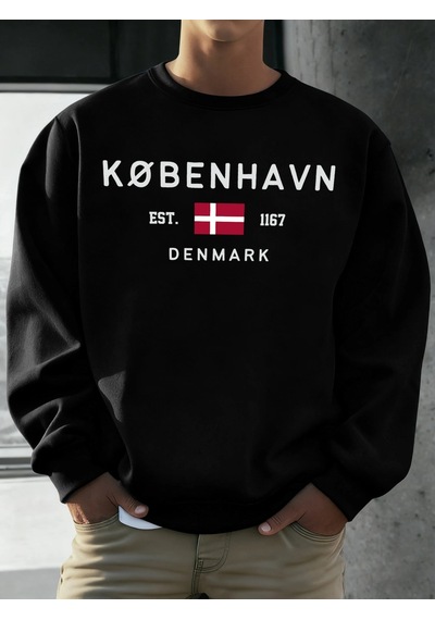Startmore Tarzsokak Kobenhavn Danimarka Bayrağı Baskılı Kazak Erkekler Polar Moda Kazak Yaratıcı Sonbahar Spor Gi Siyah