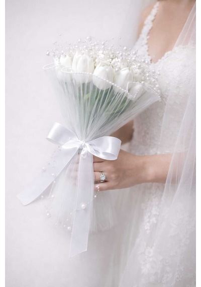 İnci Detaylı Beyaz Lale Gelin Buketi El Yapımı Nikah & Nişan Çiçeği