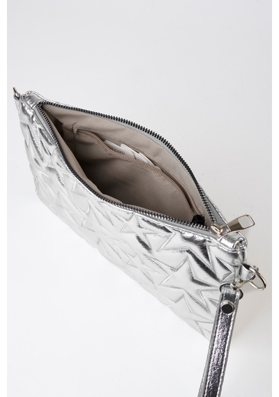 Vivaq Kadın Gümüş Yıldız Nakışlı Rugan Deri Bilek Ve Zincir Askılı Portföy El Ve Clutch Çanta