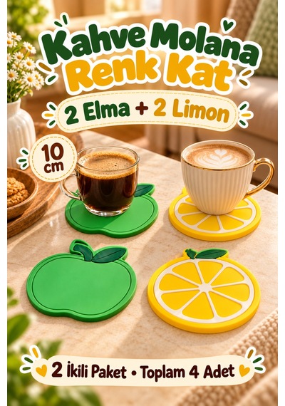 4'lü Elma Limon Desenli Bardak Altlığı Set 10cm Kahve Çay Fincan Altlığı Renkli Masa Sunum Aksesuarı Çok Renkli