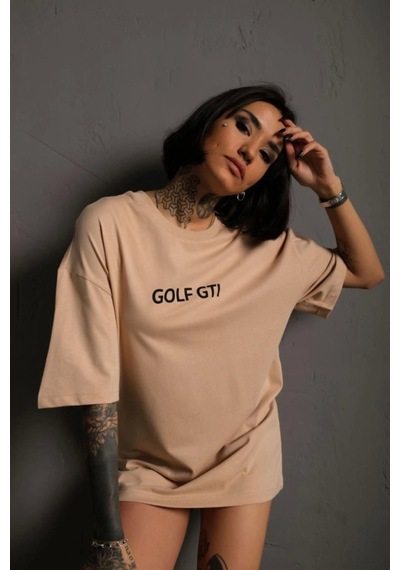 Wear Vexel Kadın Oversize Tişört Golf Gtı Retro Araba Baskılı T-shirt - Bej Bej