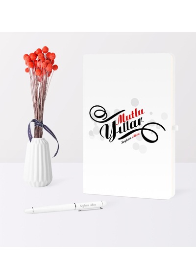 Kişiye Özel Yılbaşı Mutlu Yıllar Temalı Beyaz Defter Kalem Seti - 6