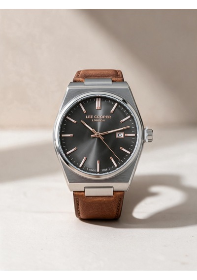 Lee Cooper Taba Deri Kayış Füme Kadran 40 Mm Yuvarlak Erkek Kol Saati, Bileklik Hediyeli Gümüş