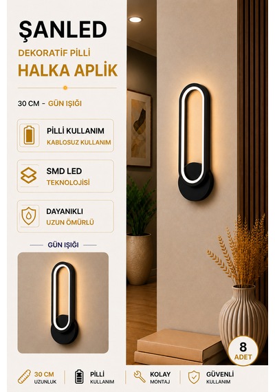 Dekoratif 20w Halka Modeli İç Mekan Siyah Kasa Gün Işığı 30 Cm Duvar Aplik Pilli 8 Adet