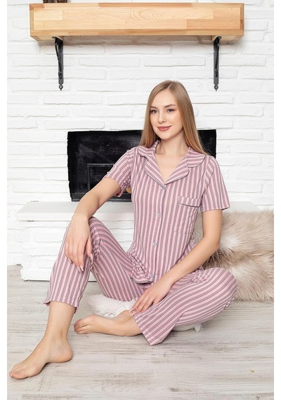 Lacivert Puantiyeli Viskon Pamuklu Biyeli Alt-üst Pijama Takımı Açık Bej - Siyah