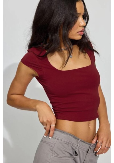 Bordo Kare Yaka Kadın Tişört Mg2294 Bordo