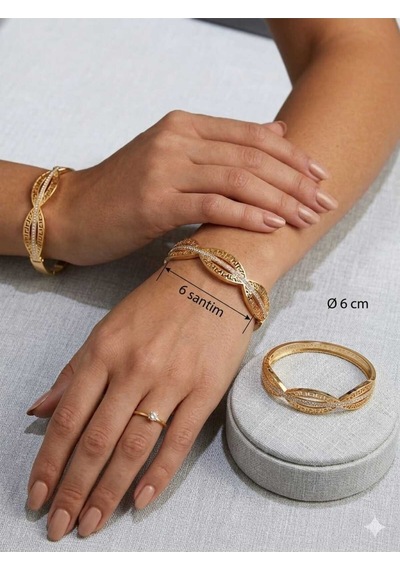 Kadın Gold Renk Antik Desenli Kelepçe Bilezik - Zirkon Taşlı 6 Cm Standart Boy Bileklik Altın