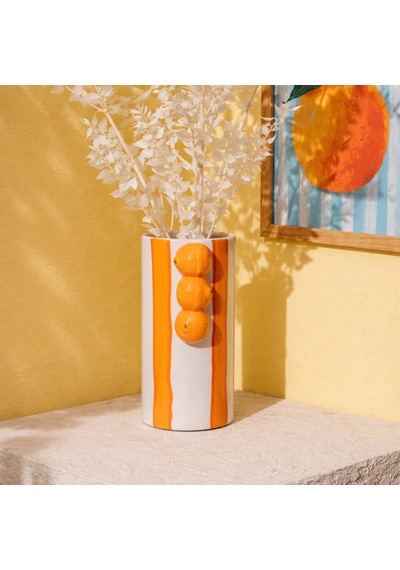 Deco Çizgili Portakal Vazo - Turuncu - 23x11 Cm Çok Renkli