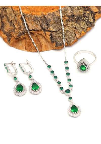 Zümrüt Taşlı Damla Model 925 Ayar Gümüş Kadın Üçlü Set 201025666