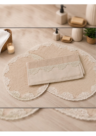 Çeyizlik Güpürlü Dantelli Banyo Paspas Takımı Kaymaz Taban 2'li Bej 60x100 50x60 Cm