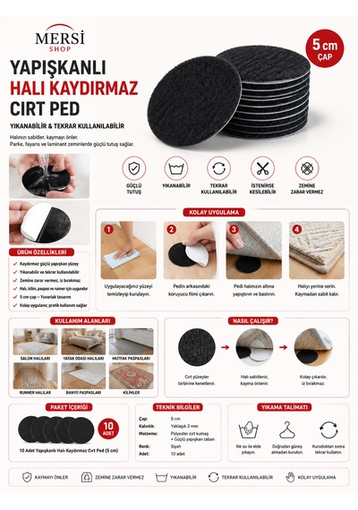 Yapışkanlı Halı Kaydırmaz Cırt Ped Yıkanabilir Ve Tekrar Kullanılabilir 5 Cm