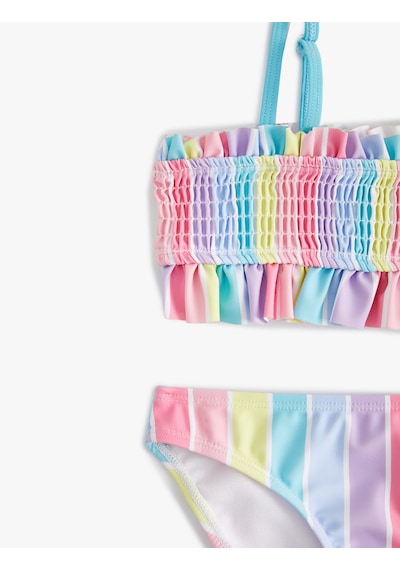 Koton Çizgili Bikini Takımı Fırfırlı İnce Askılı Multıcolor 4skg00014mm Mavi
