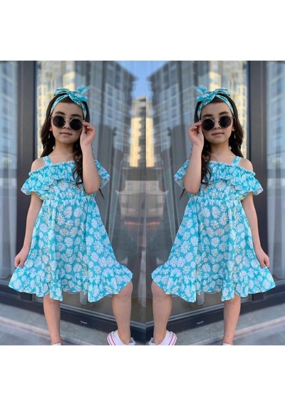 MODAVALS MİNT YEŞİLİ KARDEŞ KOMBİN KIZ ÇOCUK ELBİSE & BANDANA KOMBİN