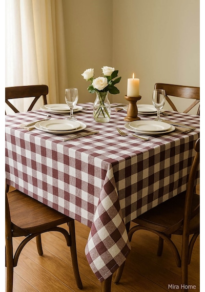 Mira Home Kareli Masa Örtüsü Sofra Bezi 160x160 Cm Happytime Bordo