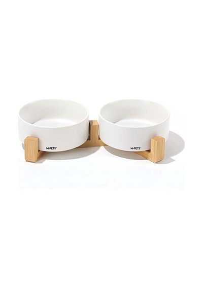 M-pets Opera Bamboo Standlı Seramik Kedi Mama Kabı Beyaz 2x350 Ml 244-51023.01